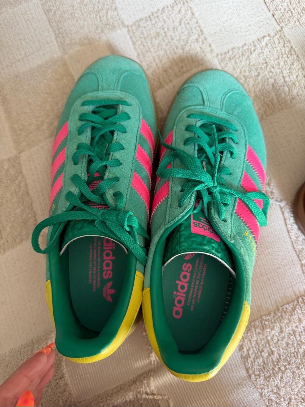 adidas Women’s Teal Suede Sneakers with Pink Three Stripes and Yellow Heel - Picture 3 of 7